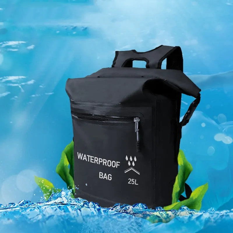 Black 25-litre waterproof backpack for swimming, river tracing and rafting