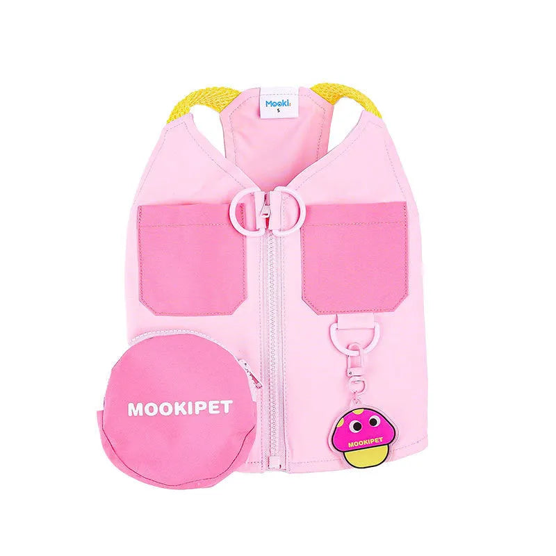 Pink polyester pet vest for small dog breeds on size chart showing XXS to XXL options