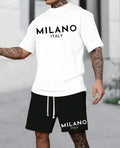 Men's casual short sleeve polyester suit set in blue colour with round neck top and matching shorts.