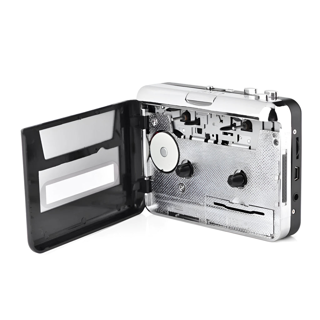Silver USB cassette to MP3 converter unit with USB cable and earphones on a white background