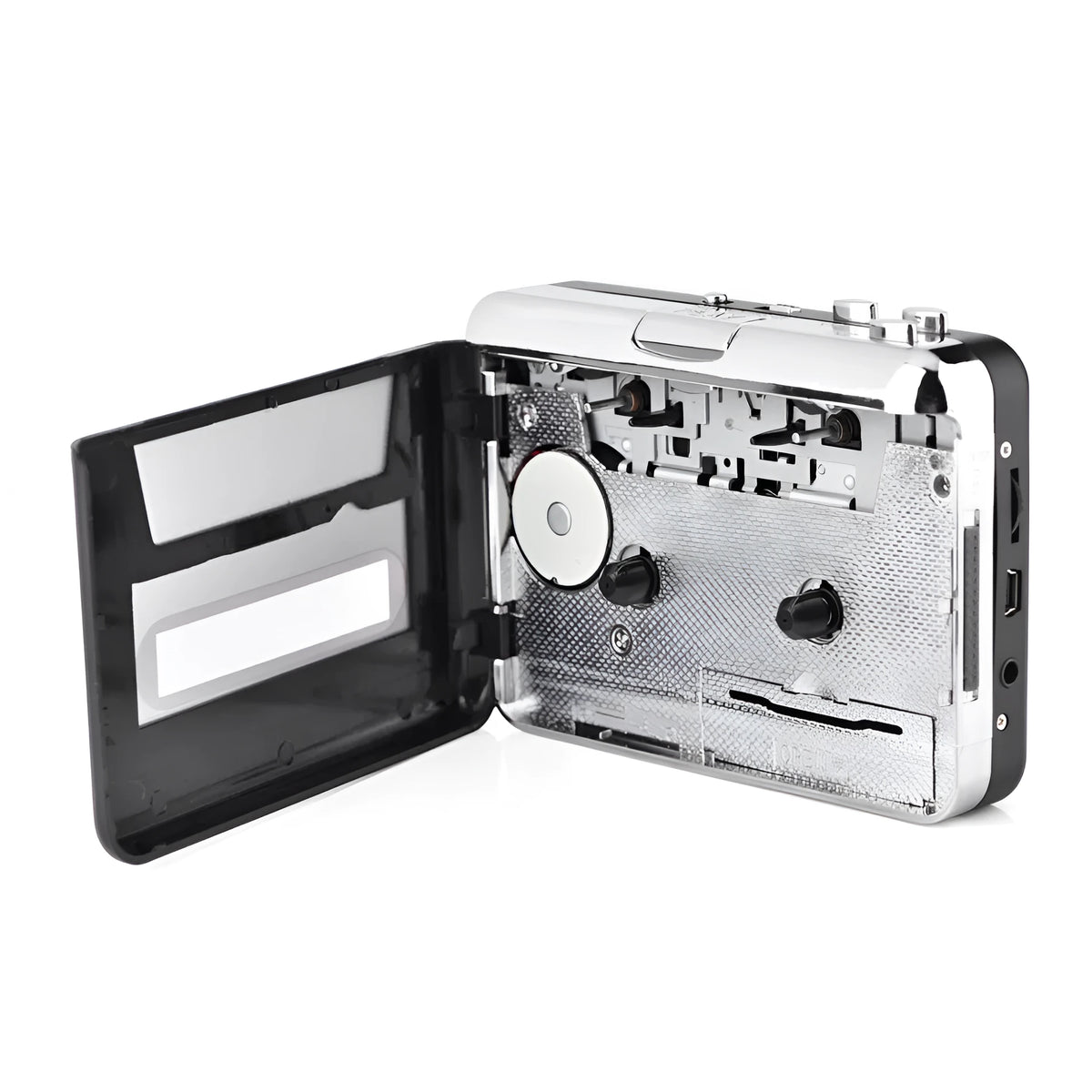 Silver USB cassette to MP3 converter unit with USB cable and earphones on a white background
