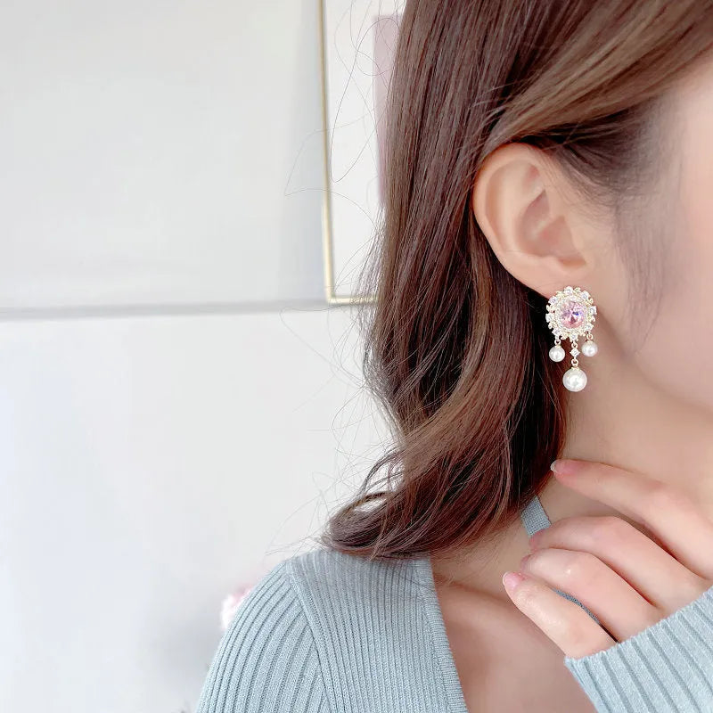 Oval geometric zircon inlaid pearl tassel earrings in light purple, pink, white, or light blue