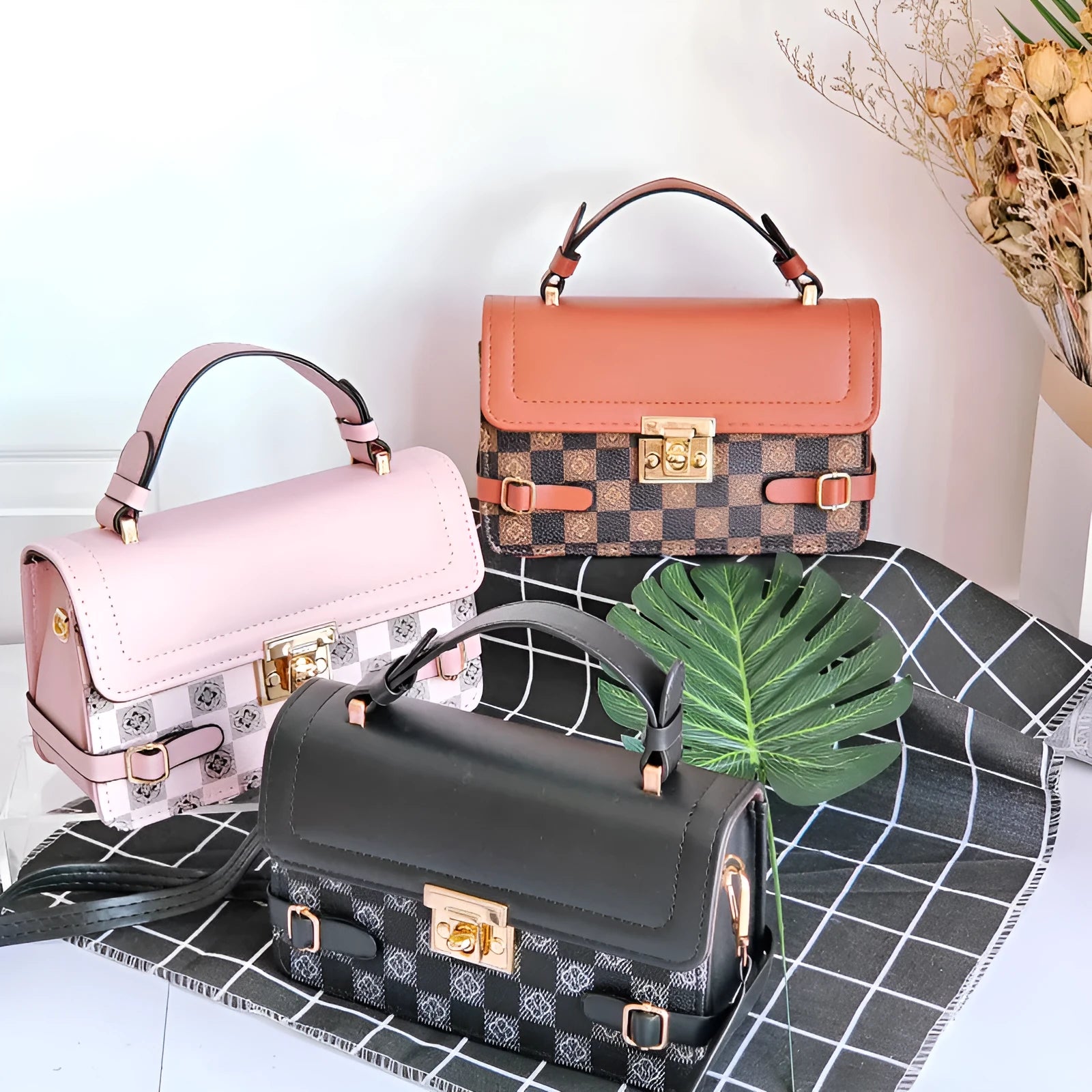 Retro ethnic pattern crossbody bag in horizontal square shape with file compartment.