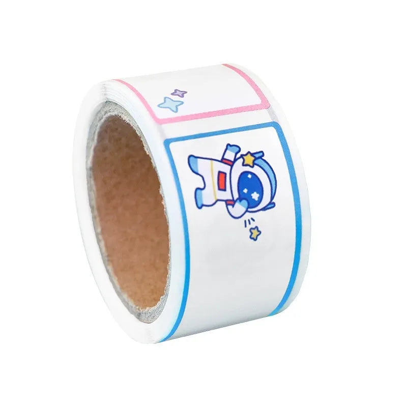 Roll of colourful cartoon name stickers showing dinosaur, astronaut, rabbit, and girl designs for labelling