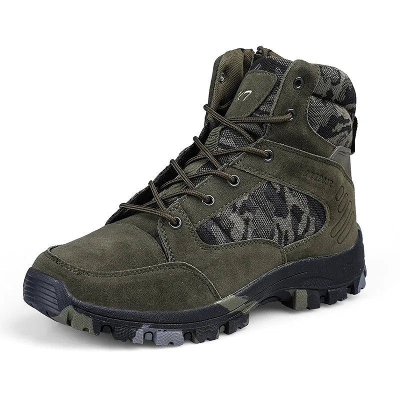 Men's black and camouflage high-top hiking shoes with PU upper and metal hardware detailing