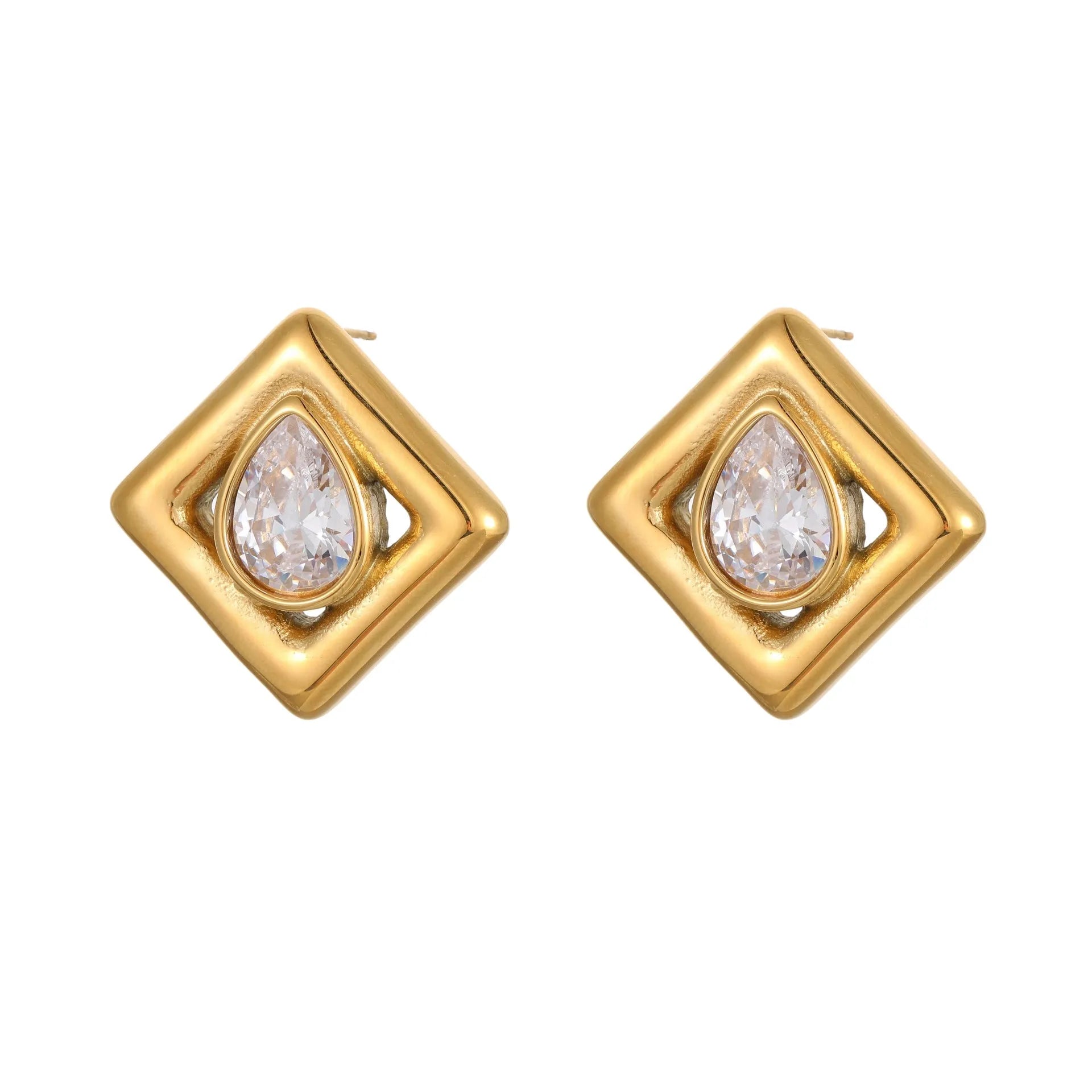 Gold electroplated stainless steel stud earrings with geometric water drop zircon inlay