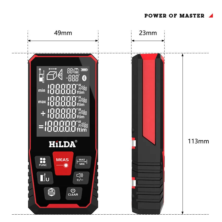 A handheld plastic laser rangefinder for measuring distances up to 120 metres in construction.