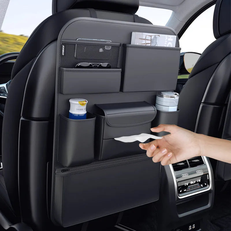 Black leather car seat back storage hanging bag with handle shown in large and small size options