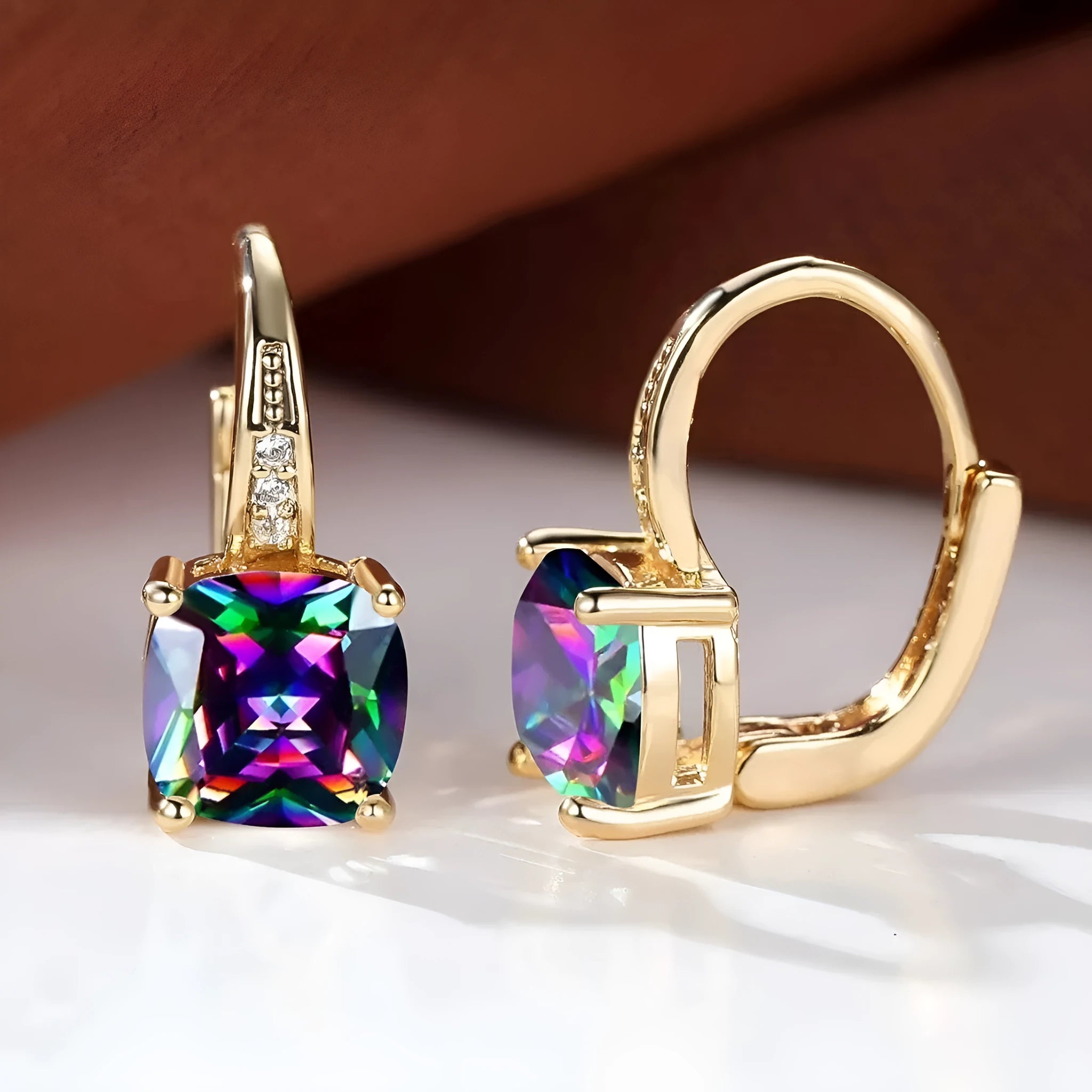 Geometric square ear clips with colourful moissanite inlays in electroplated copper