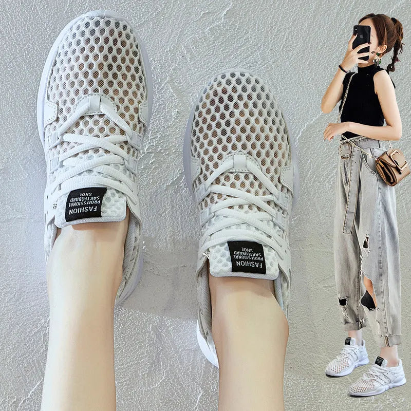 Women's low-top white mesh sneakers with hollow breathable design and casual round toe
