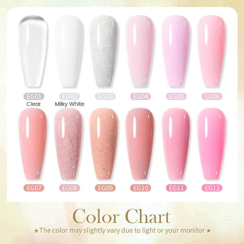 30ml no-wash UV nail extension gel in transparent and nude shades, colour codes EG01 to EG10
