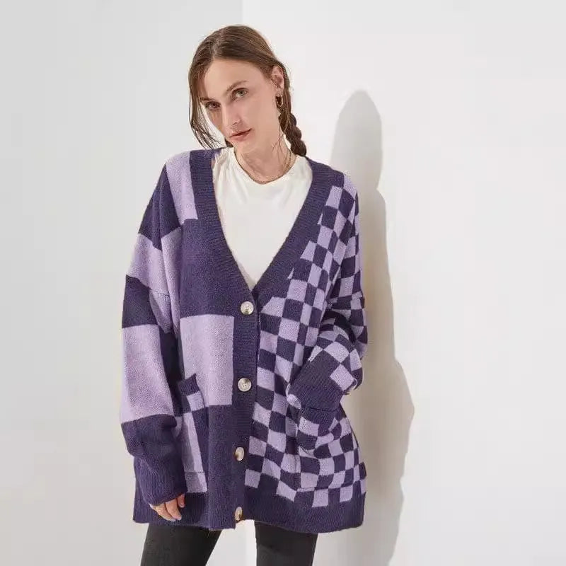 Printed checks knitted cardigan in loose slim fit style showing six colour options
