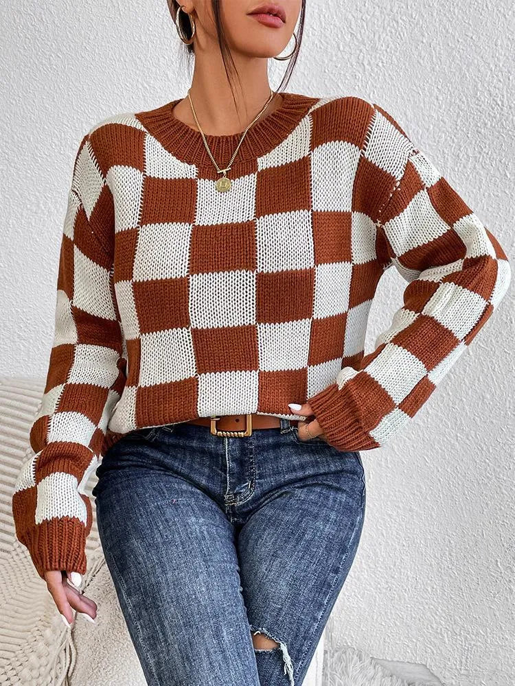 Dark brown plaid acrylic women's sweater with loose fit and round neck