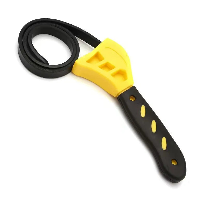 Adjustable rubber strap wrench showing plastic body and rubber strap in 6-inch and 8-inch sizes