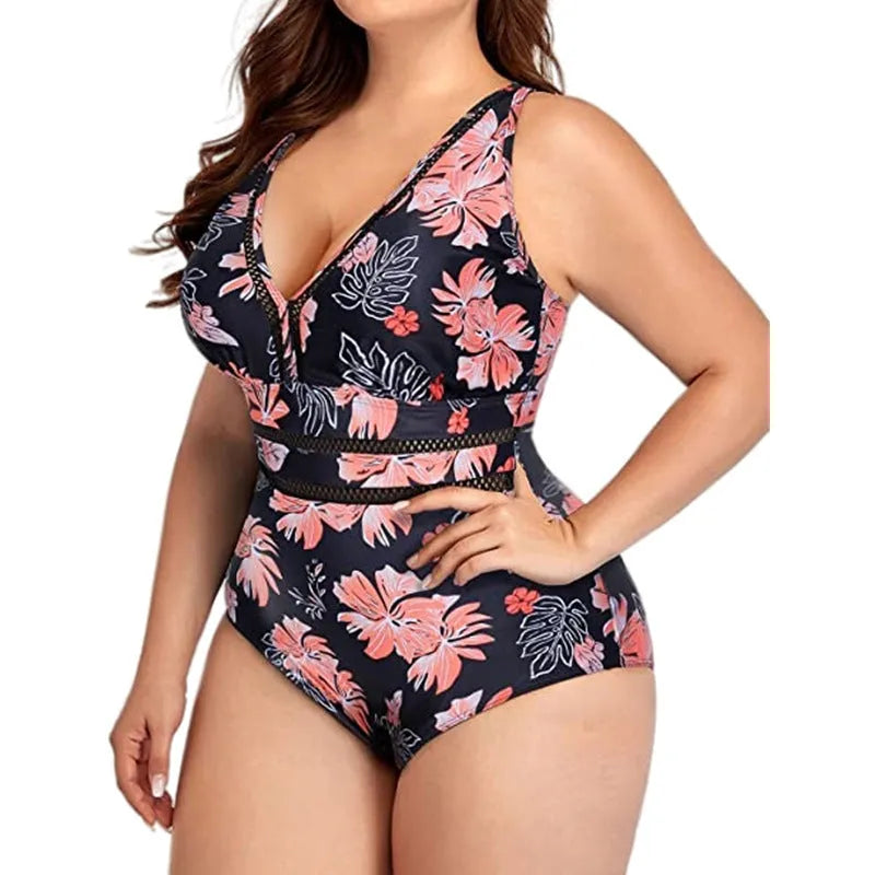 Black print plus size women's polyester bikini swimsuit with mesh fabric