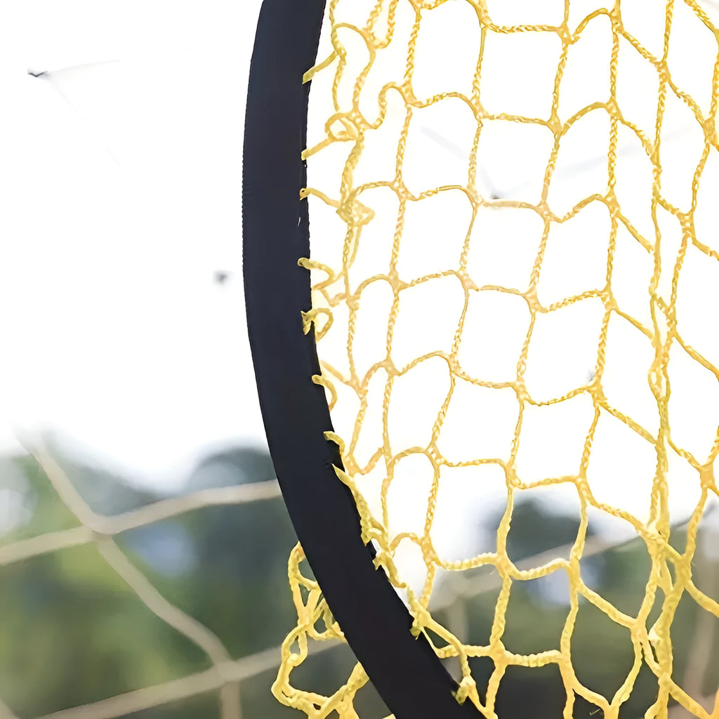Portable soccer training goal net with adjustable tension system on foldable steel frame