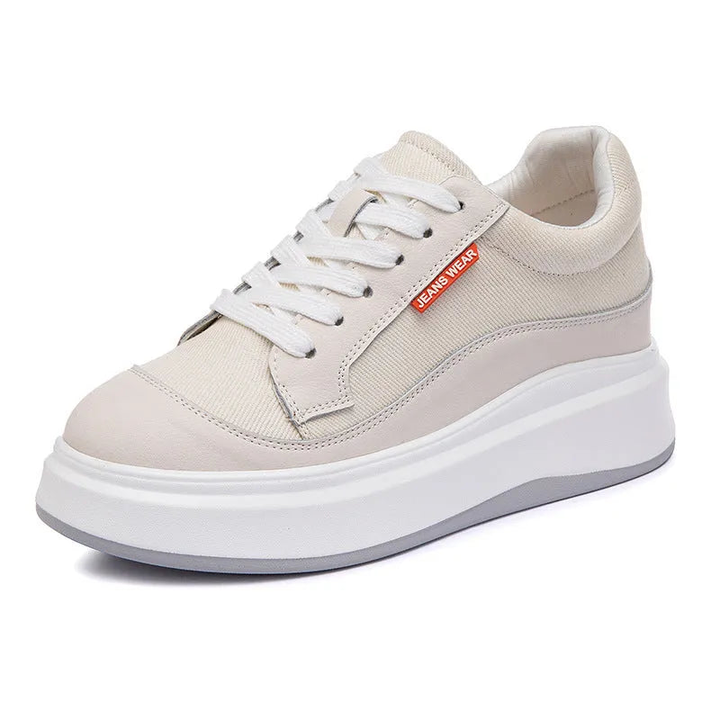 Women's beige leather board shoes with thick soles for height increase