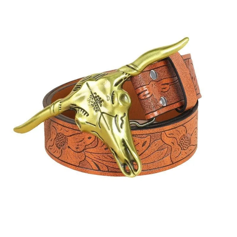 Men's black imitation leather belt with a detailed metal cow head buckle and pin closure.