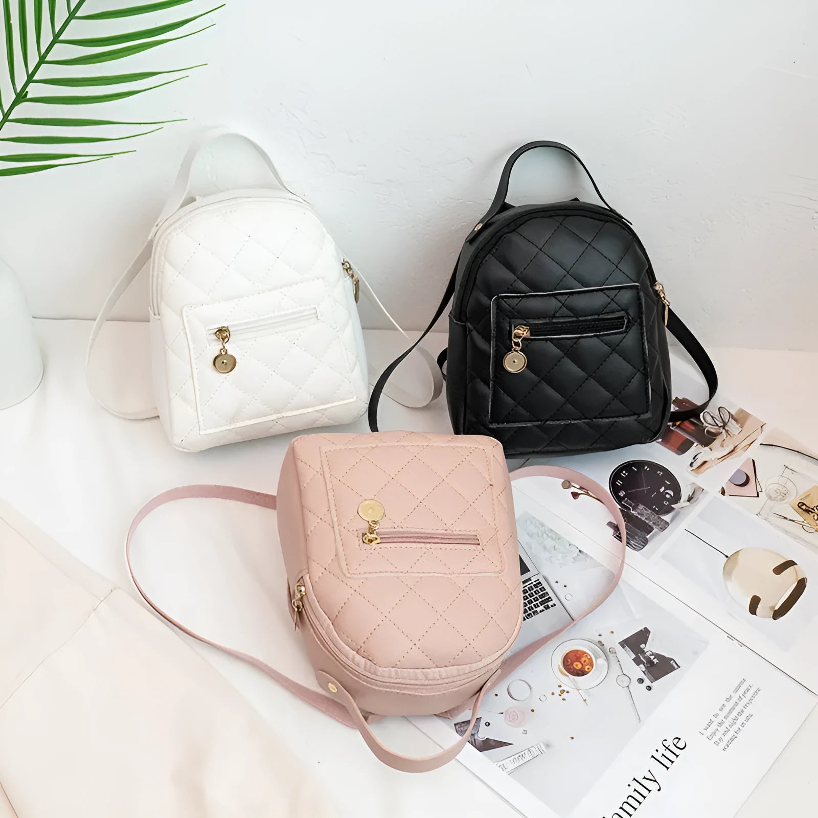 Korean style girls' embroidery backpack in hard square shape with PU leather, available in black, pink and white colours