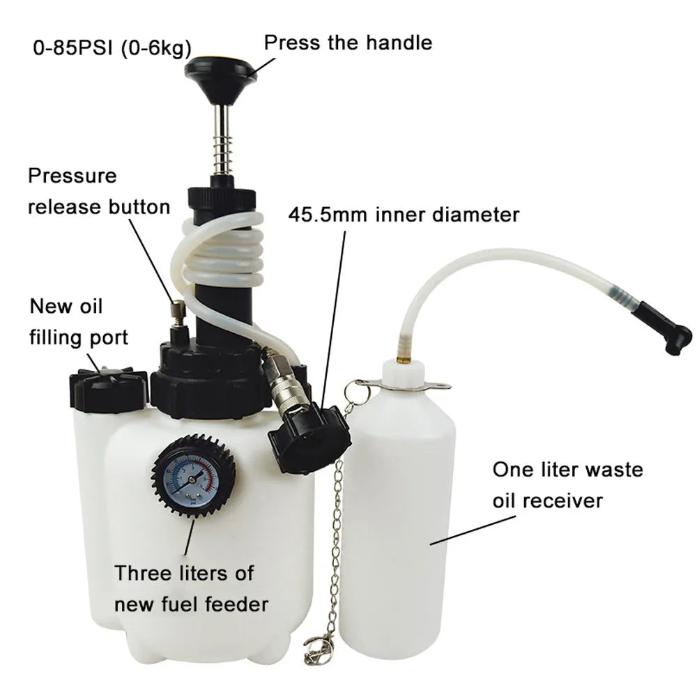 White 3-litre brake oil tank tool with copper tank and iron handle for automotive brake fluid changing