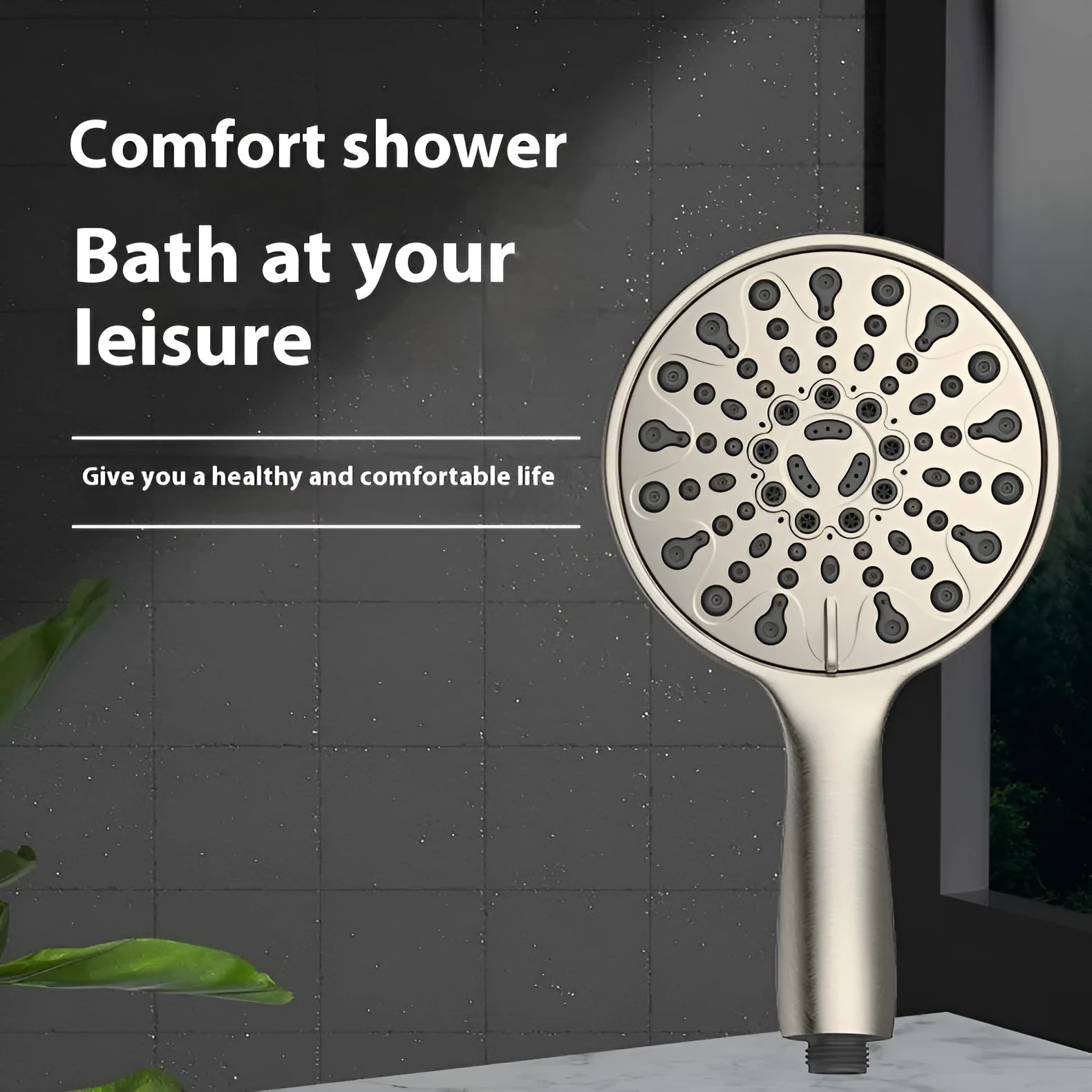 Six-function handheld shower head with electroplated finish, shown alongside its spray settings diagram.