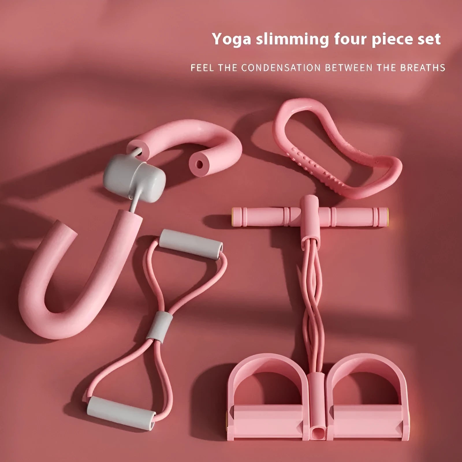 Yoga four piece fitness set showing leg beauty device, yoga ring, pedal tension device, and eight-figure tension rope.