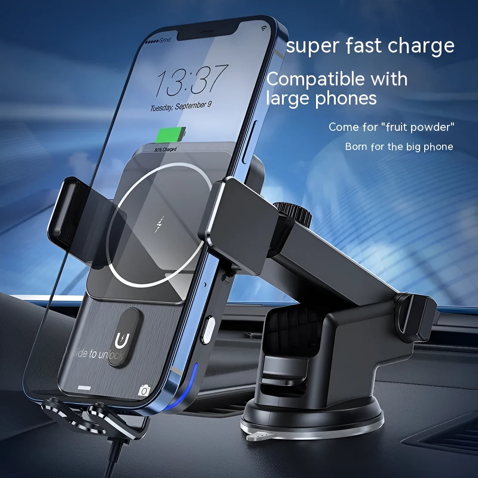 Car wireless charger phone holder with 15W charging in black with suction cup or clip mounting options