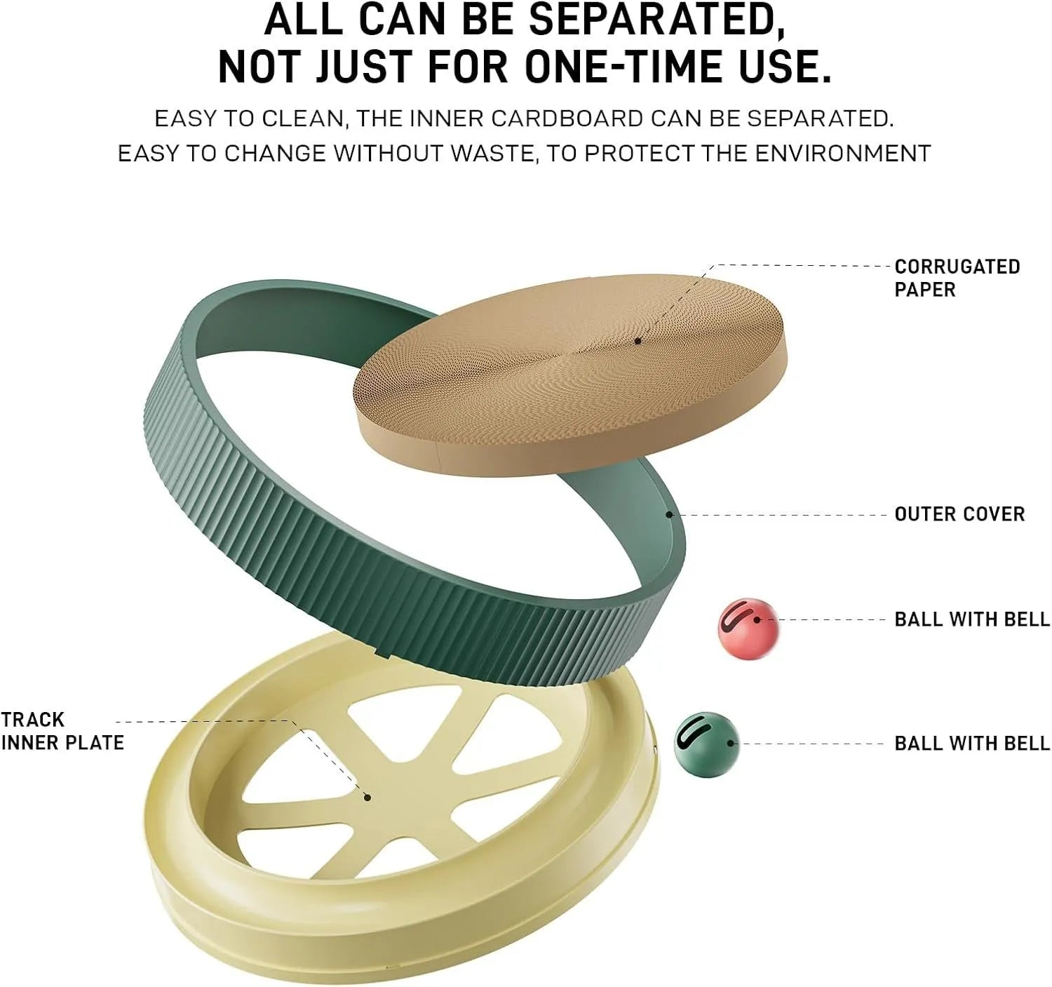 Large circular cat scratching board with interactive ball toys and replaceable cardboard core