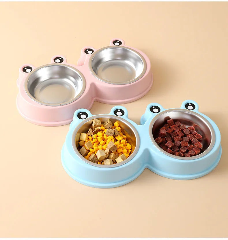 Stainless steel pet bowl with ceramic frog base and dual food water compartments