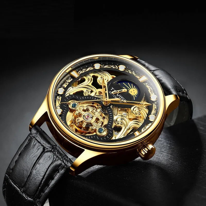 Men's waterproof automatic mechanical watch with 16mm thickness and leather strap