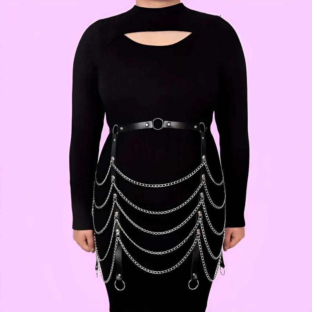 Black PU leather waist chain with bandage binding chain design fashion accessory