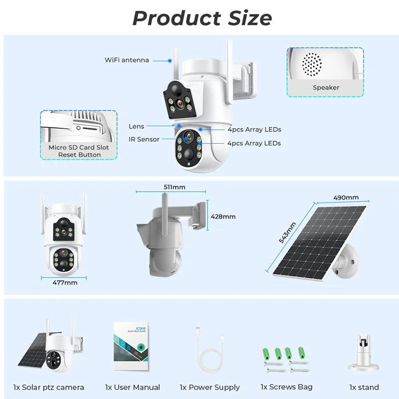 Outdoor solar-powered wireless WiFi security camera with solar panel on white background