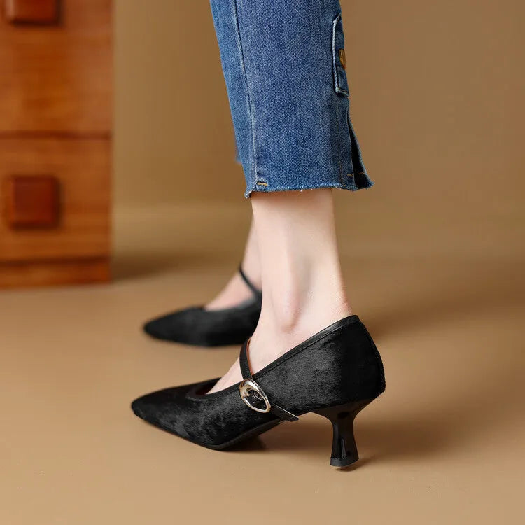 Women's black square toe stiletto heel ankle-strap shoes with a horse hair upper.