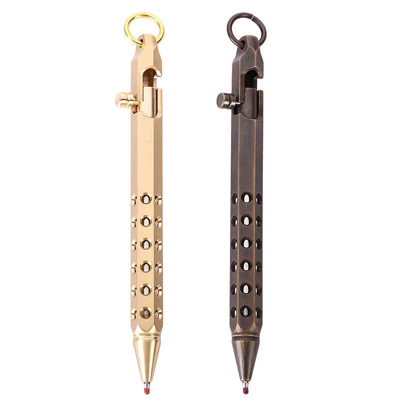 Brass hexagonal bolt pen with 0.5mm fine tip, shown in natural brass finish
