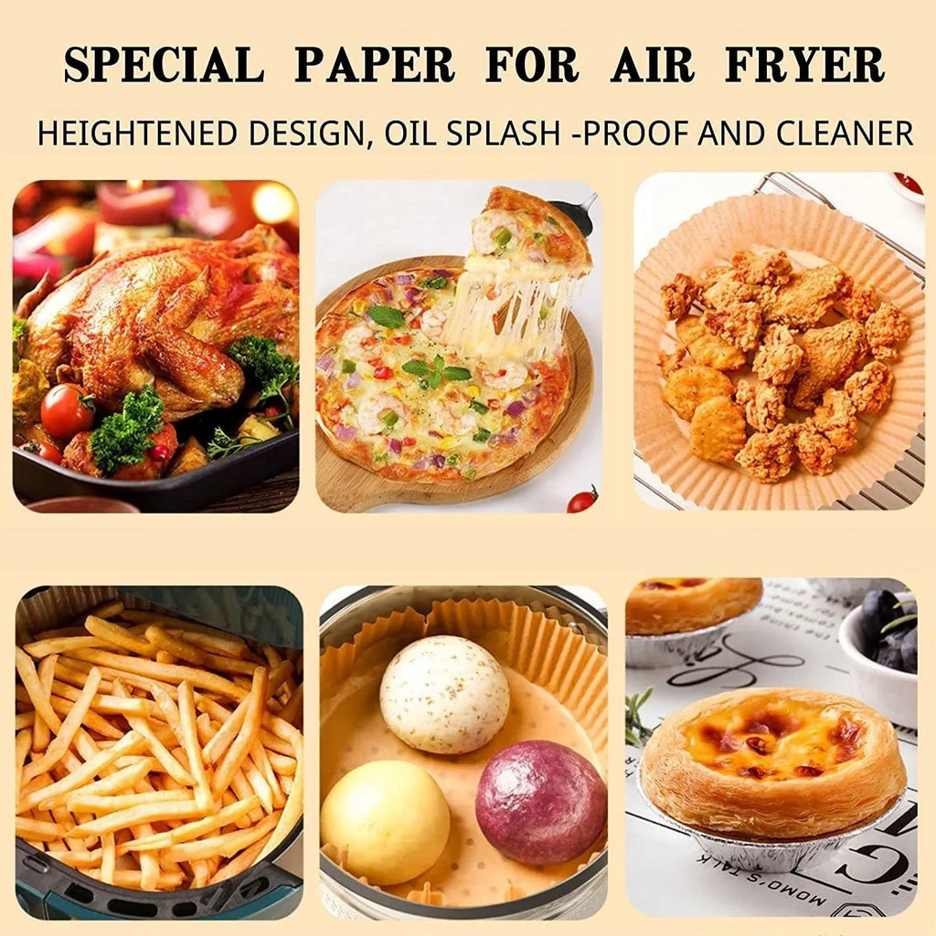 Round disposable air fryer paper liners, white and natural colour, 16cm diameter with 4.5cm heightened edge.