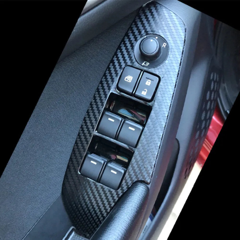 Set of four TPU protective films for car door control panel, shown in transparent, matte black, and carbon fibre black finishes.