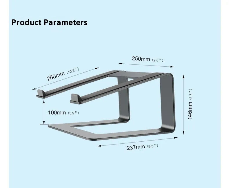 Black aluminium alloy laptop stand with ventilation slots on desktop