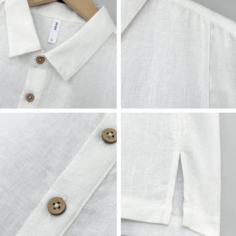 Man wearing a grey green linen short-sleeve top with thin lapels, loose fit.