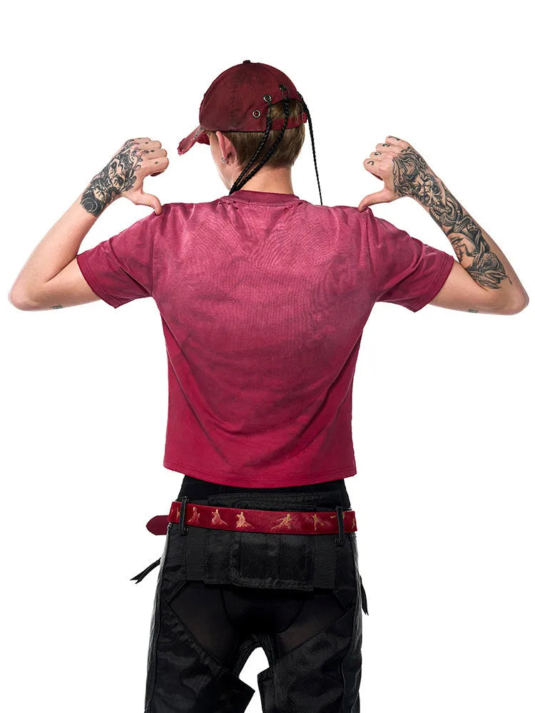 Men's red distressed slim fit T-shirt with short sleeves and round neck collar
