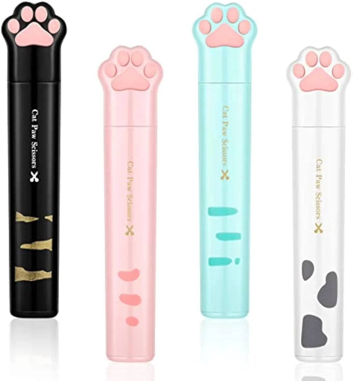 Cat paw mini folding scissors in four colours: pink, white, black, and blue, showing closed and open positions.
