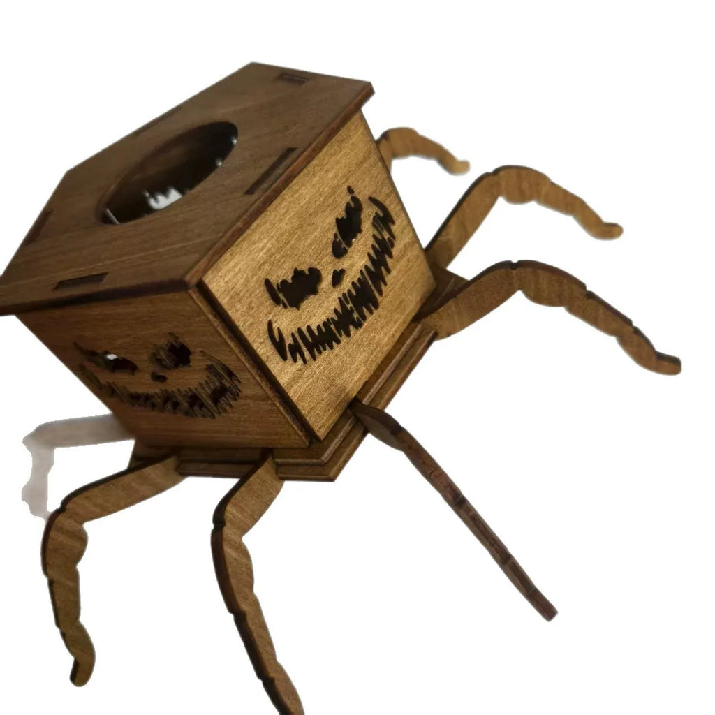 Wooden spider-themed lantern candlestick decoration for Halloween and gothic home decor