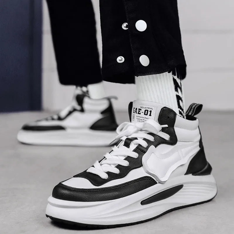 Men's black and white high-top platform board shoes with a round toe.