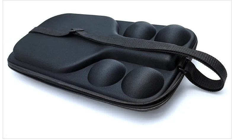 Black EVA pickleball storage bag with double shoulder straps, shown with a paddle and balls.