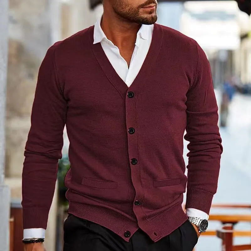 Men's slim fit acrylic cardigan in wine red colour showing front button detailing and long sleeves