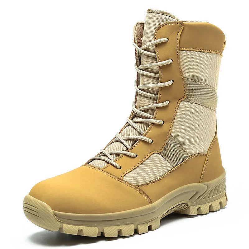 Men's black and camouflage plus size high-top combat boots with mesh upper showing totem detailing
