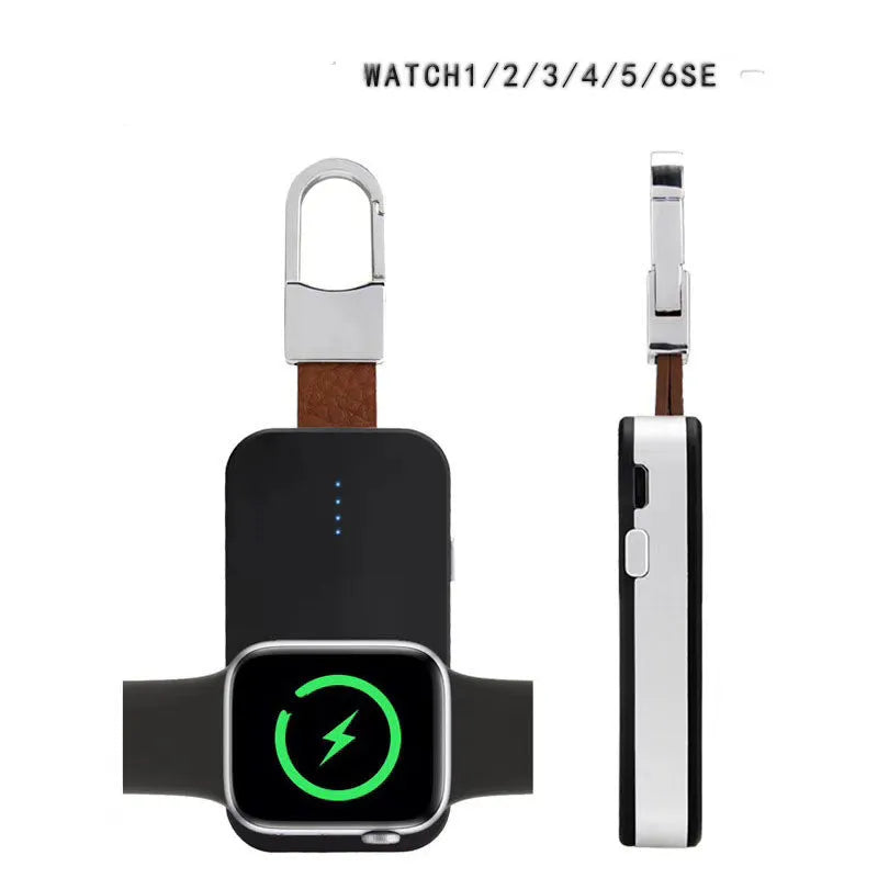 Black Apple Watch portable wireless power bank with keychain ring, shown next to an Apple Watch.
