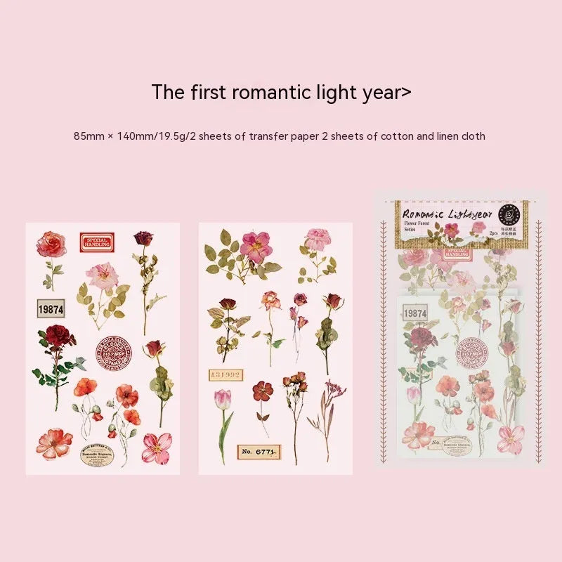 Huazhisen forest art sticker pack showing transfer paper and cotton linen sheets in literature style
