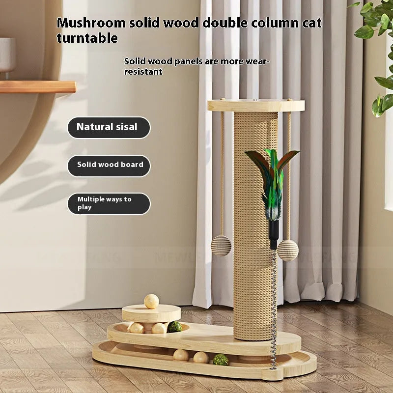 Solid wood cat scratching post with turntable and climbing platforms