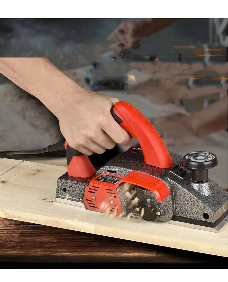 Red desktop electric push planer woodworking tool with aluminium housing