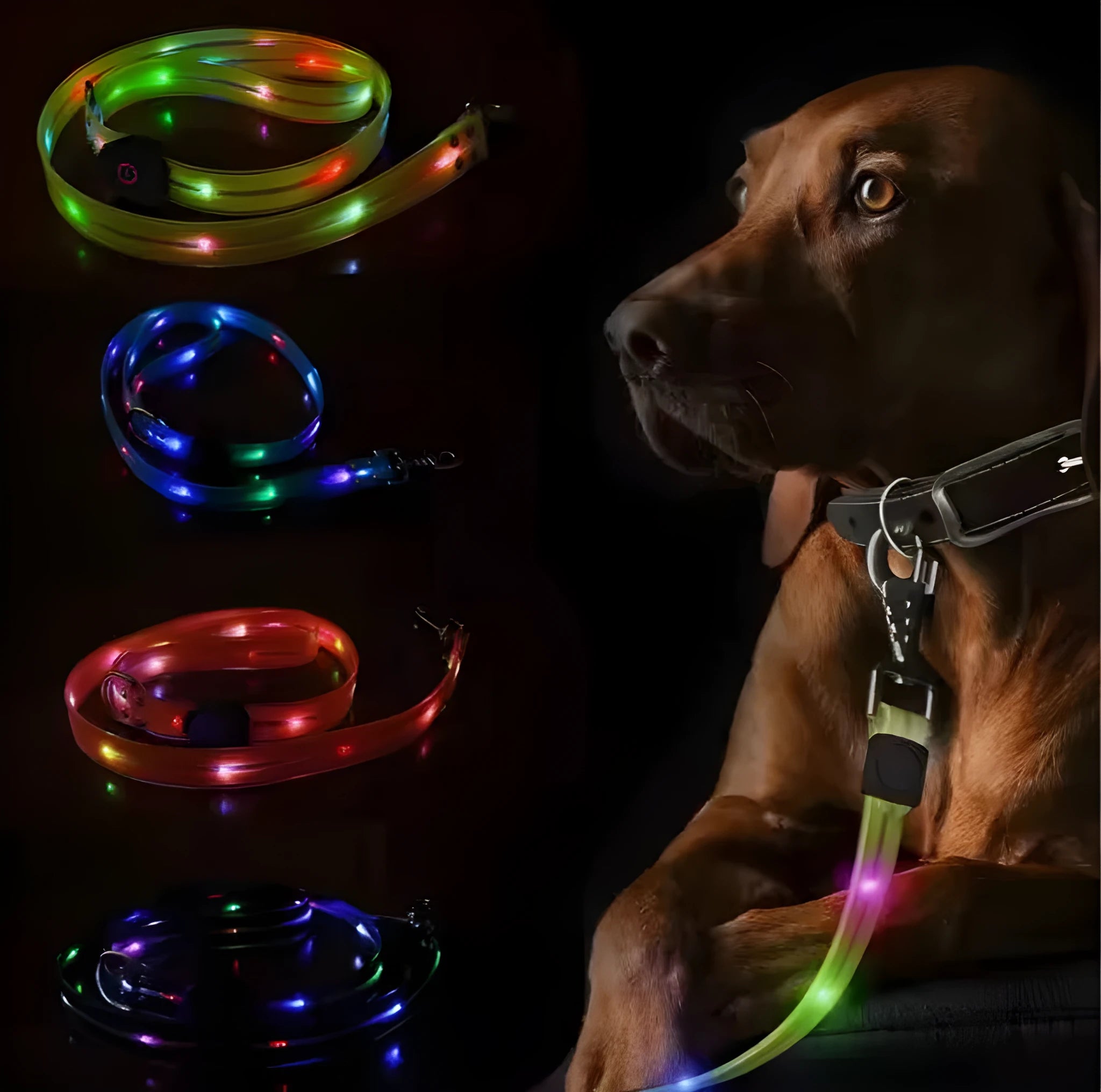 Luminous PVC dog collar leash in fluorescent green colour with hand holding loop